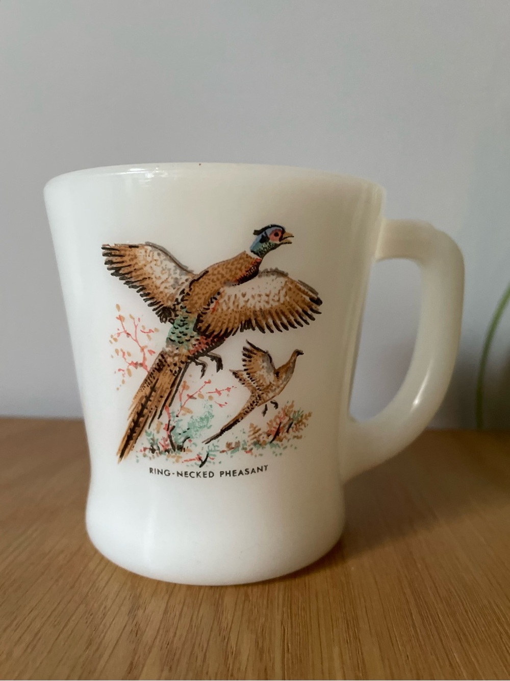 Vintage MCM Fire King Ring-Necked Pheasant  Bird Milk Glass Coffee Tea Mug 1950s